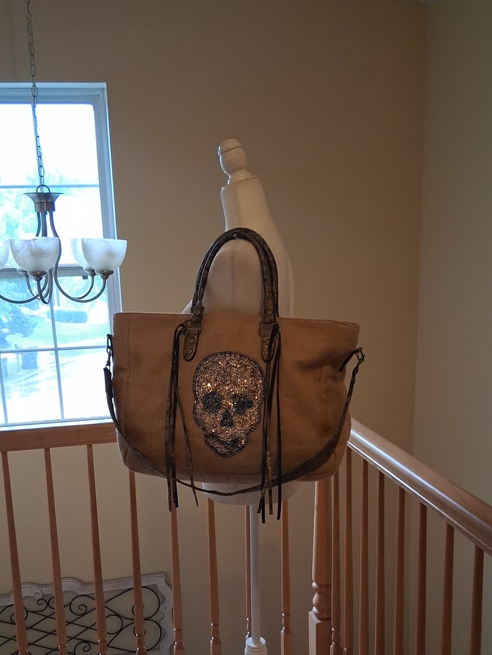 me.n.u. Tan Tote with Sparkling Skull Accent